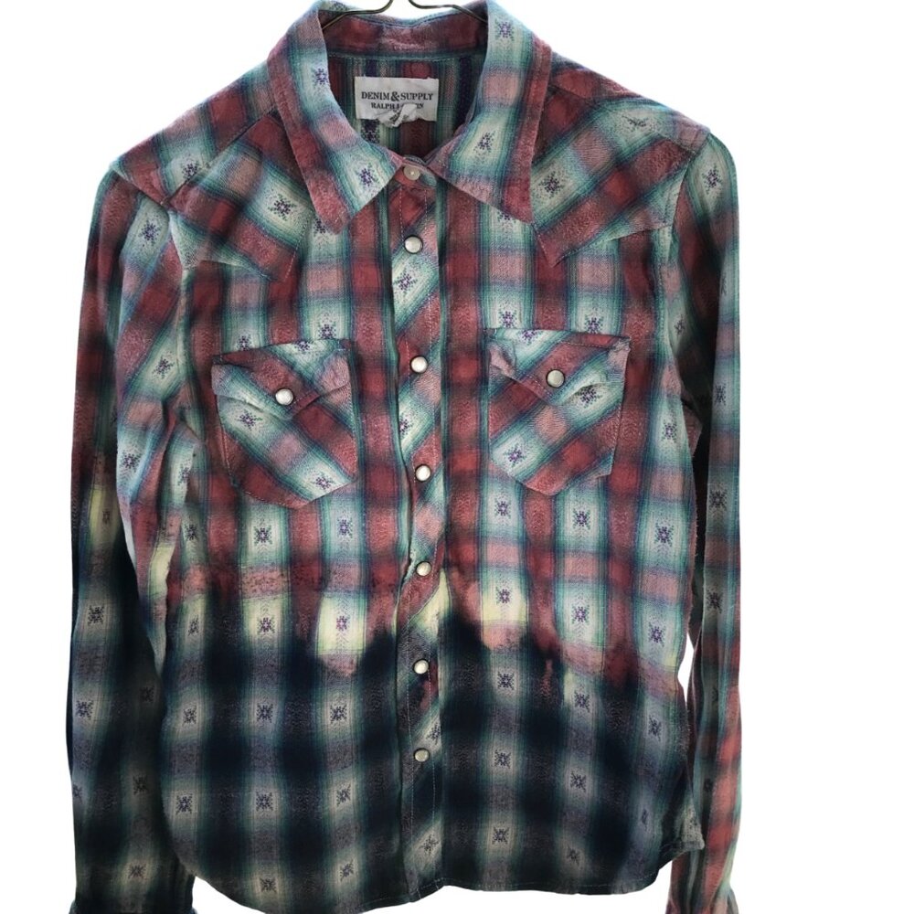 Ombre Bleached Flannel Shirt Upcycled Painted Sweater Weather Size Small - Picture 4 of 13